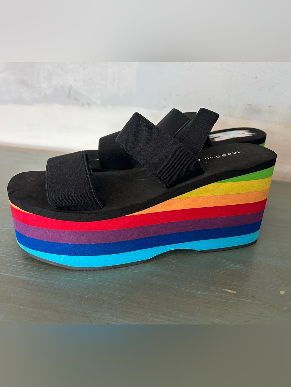 Madden Girl Black Strappy Platform Sandal with Rainbow Sole PRIDE